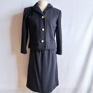Navy Blue Wool Boxy Jacket Slim Skirt Woman's Suit